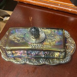 Indiana Glass Iridescent Multi-Color Butter Dish with Grape & Leaf Motif